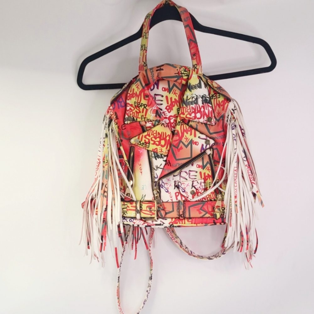 Orange and white multicolored biker graffiti fringe top handle backpack size M/L - Picture 2 of 7